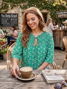 Topshop Green Floral Tie-Front Blouse